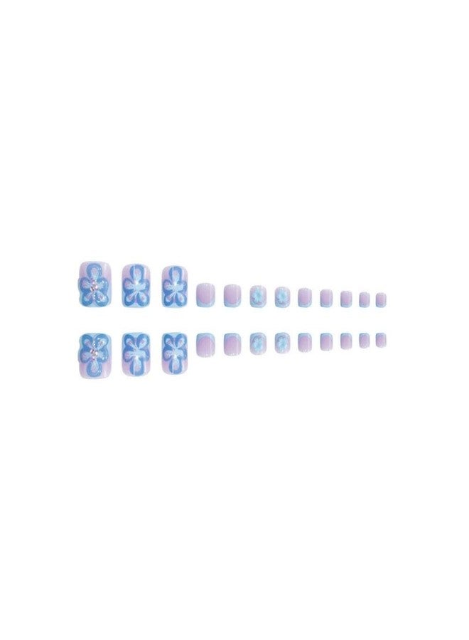 Sevgob 48Pcs Blue French Tips Press on Nails 3D Flower Press on Toenails Short Square Fake Nails with Flower Charm Design Floral False Toenails Glossy Reusable Summer False Nails for Women Girls Manicure - Image 4